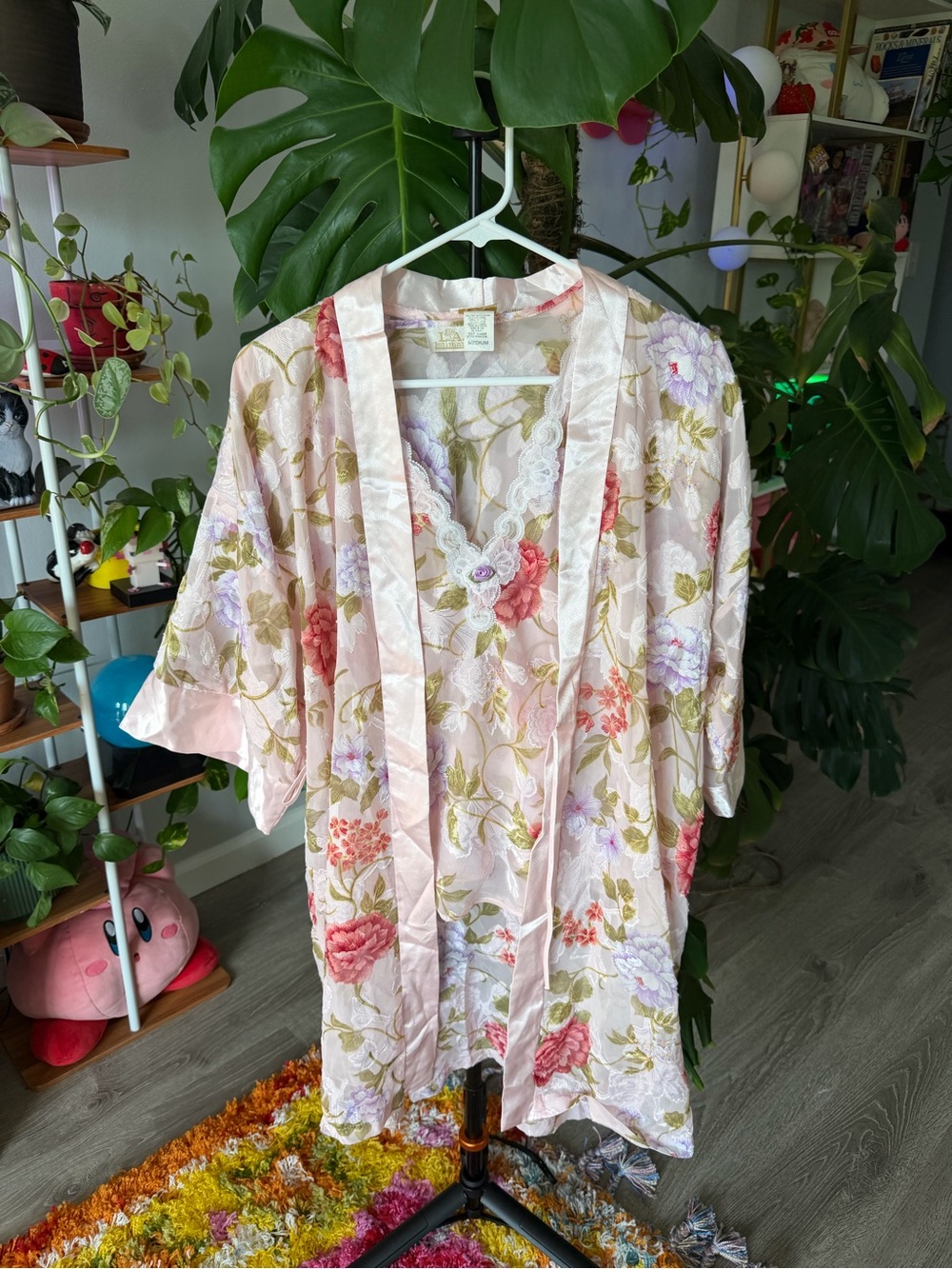 Floral Lace Trim Pink Satin Kimono Robe and top set